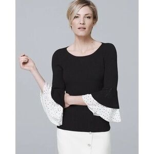 White House Black Market Black Ribbed Knit Sweater Polka Dot Ruffle Slee…